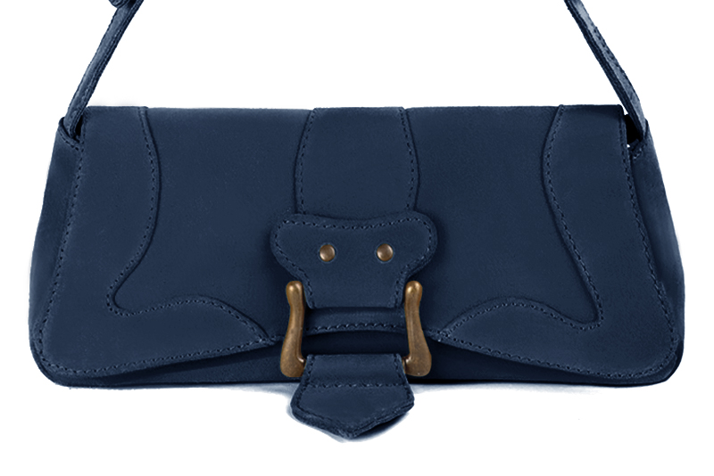 Navy blue women's dress handbag, matching pumps and belts. Profile view - Florence KOOIJMAN